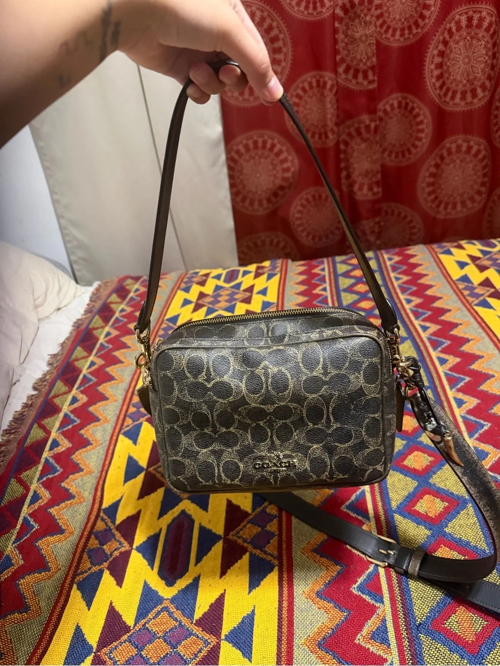 Coach Dark Brown Signature Canvas Crossbody Bag open to offers brand new .